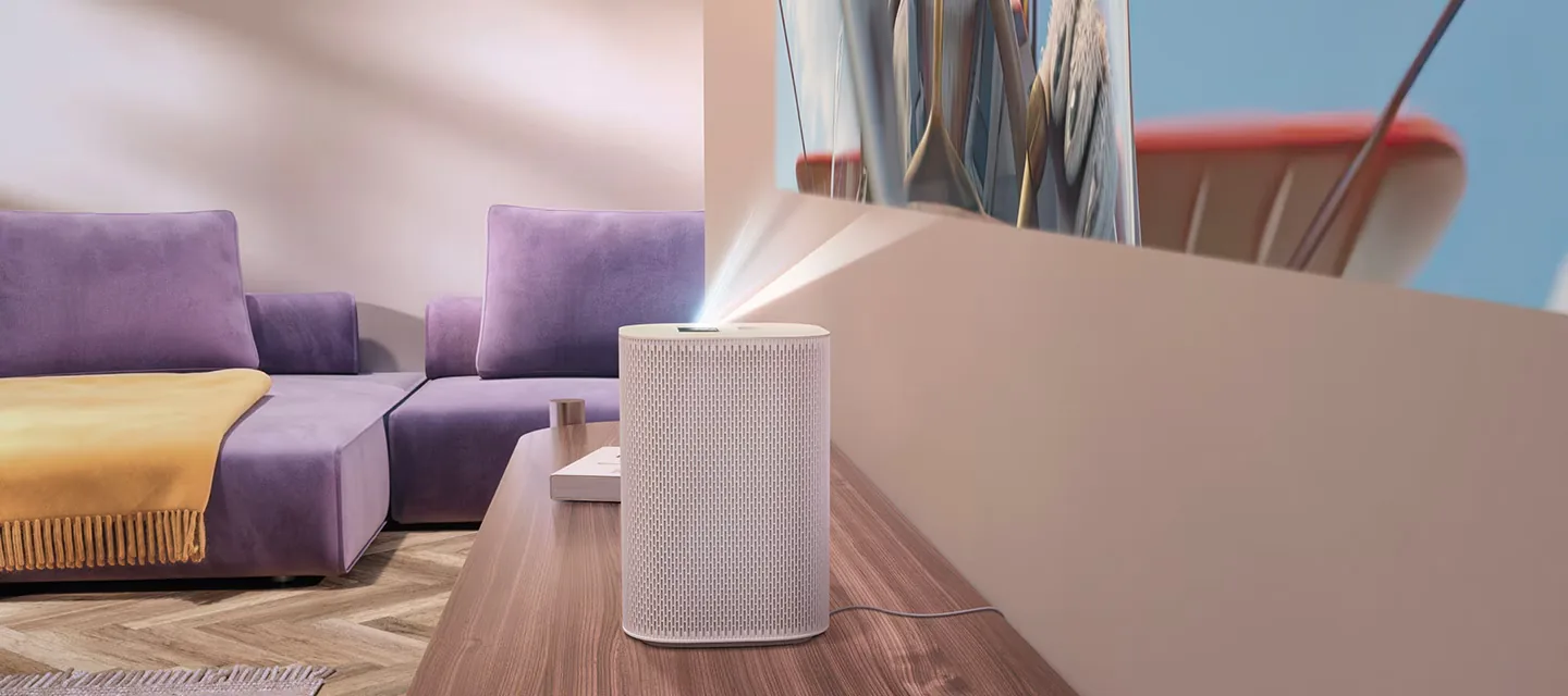 Samsung The Premiere 5 ultra short throw projector placed close to wall projecting 100 inch cinematic image